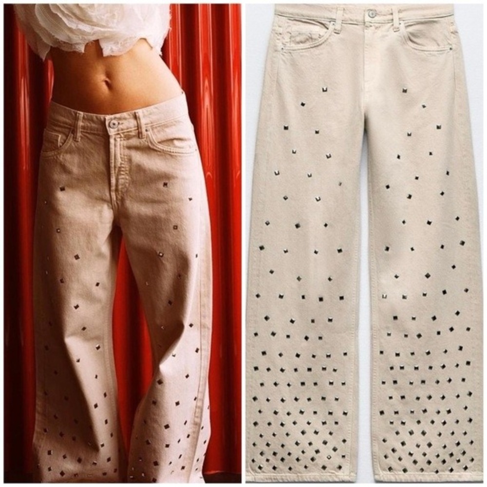 Zara Tan Beige Studded Wide Leg Jeans High Rise Silver Square Studs Size 4 26